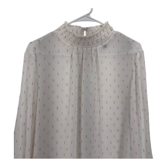 Express White & Gold Swiss Dot Blouse Shirred Mock Neck & Elastic Cuffs SZ XL - Picture 2 of 13